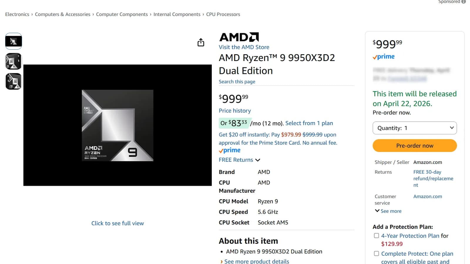AMD Ryzen 9 9950 ×3D2 auf Amazon zu Vorbestellpreis von 1.000 $ – AMD bestätigt weiterhin empfohlener Preis von 899 $ [Aktualisiert]