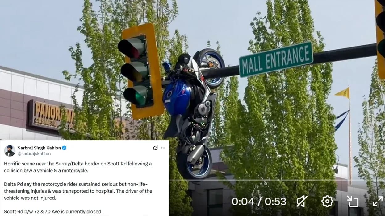 Suzuki-Superbike kollidiert mit BMW und hängt an Ampel
