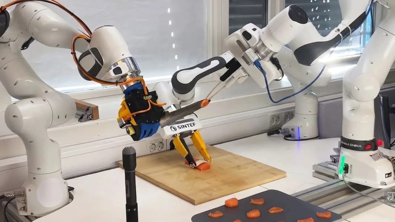 Dreiarmiger KI-Robat schneidet Lachsfilets mit höchster Präzision