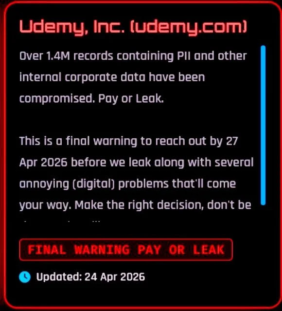Udemy Data Breach – ShinyHunters Allegedly Claims Compromise of 1.4M User Records