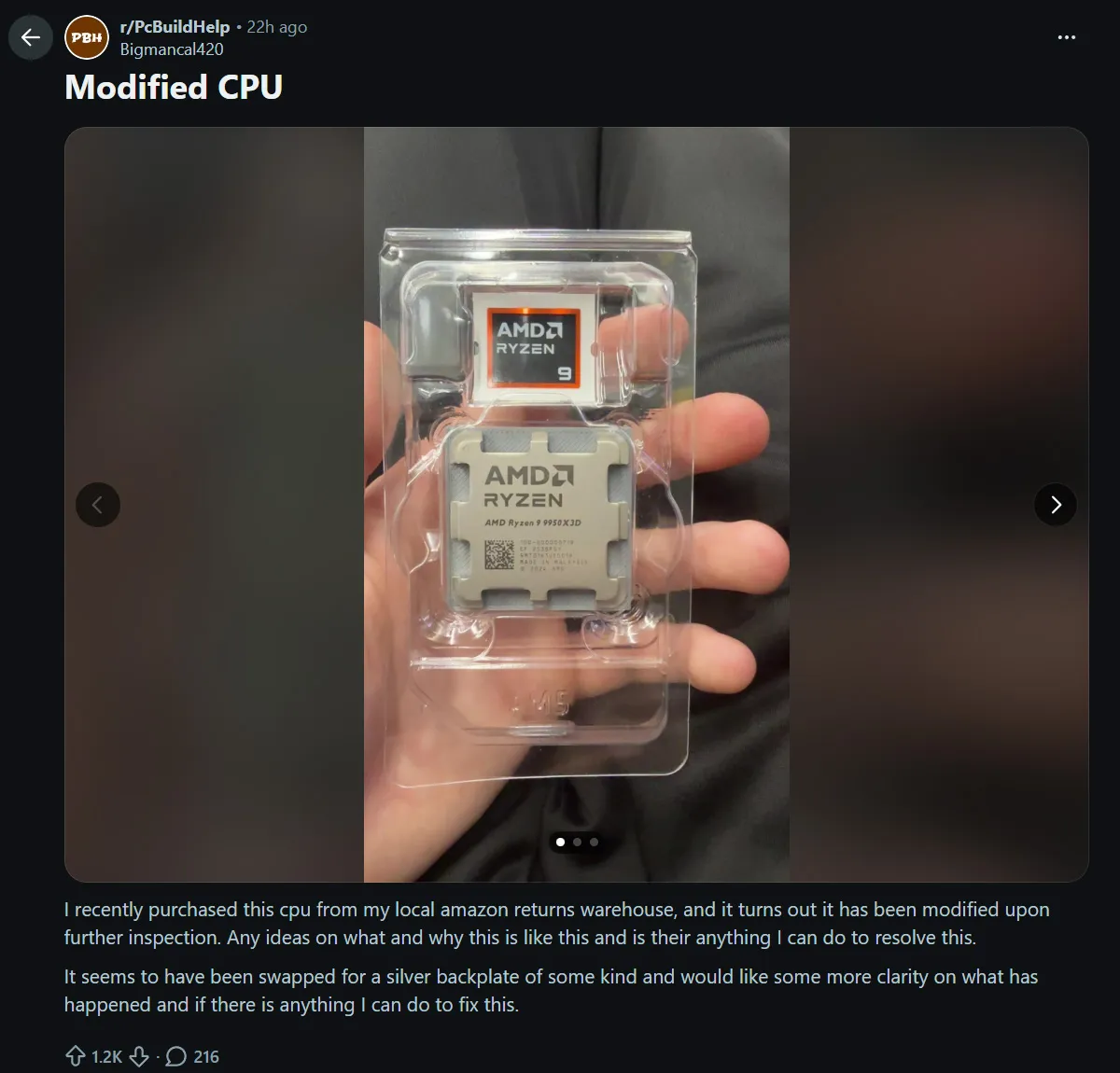 Amazon returns buyer gets scammed out of a Ryzen 9 9950X3D — 'CPU' came with just a 3D-printed base underneath a real heat spreader
