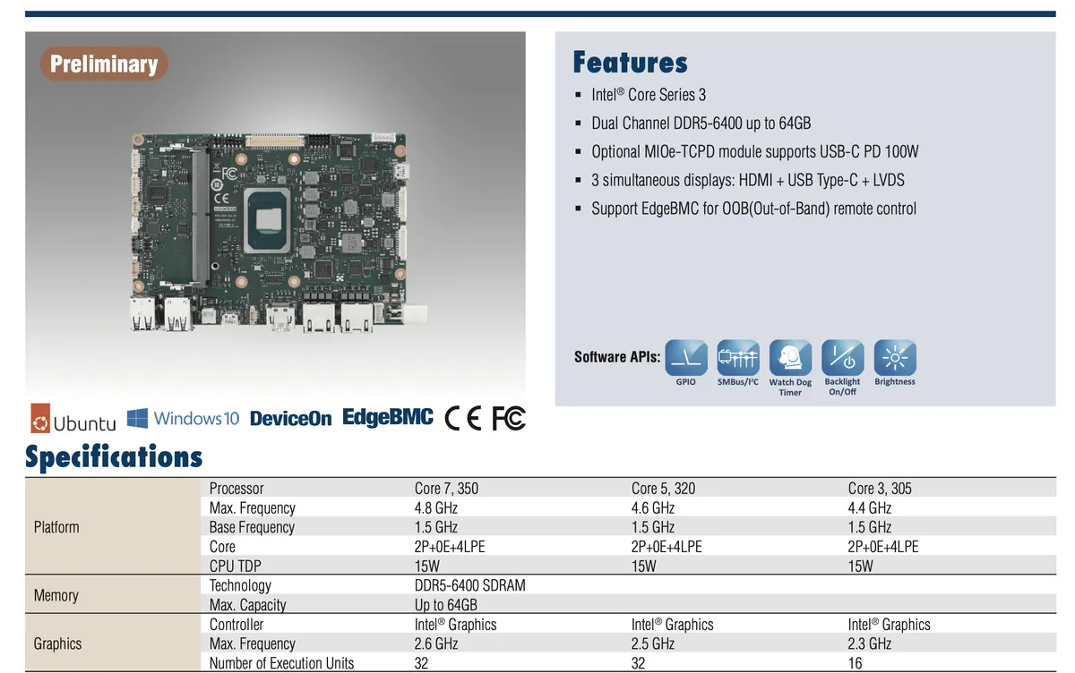 Intel's upcoming Wildcat Lake low-budget CPUs leak out again — OEM confirms specs for Core 7 350, Core 5 320, & Core 3 305 in first retail product datasheet