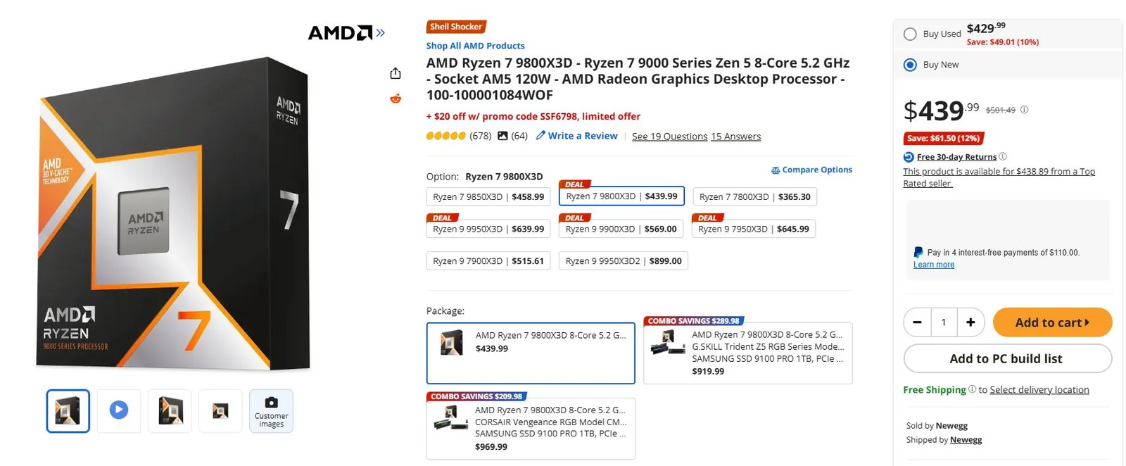 Newegg bietet Ryzen 7 9800 ×3D mit kostenlosem Corsair-Netzteil für 419 Dollar an