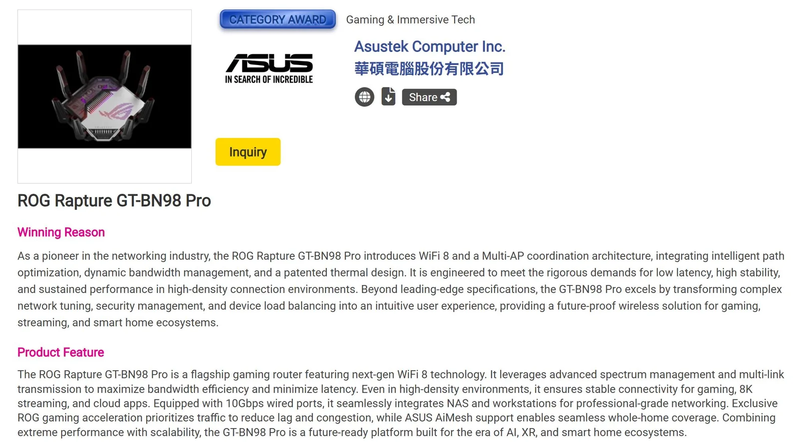 ASUS stellt den ersten WiFi-8-Router ROG Rapture GT-BN98 Pro vor