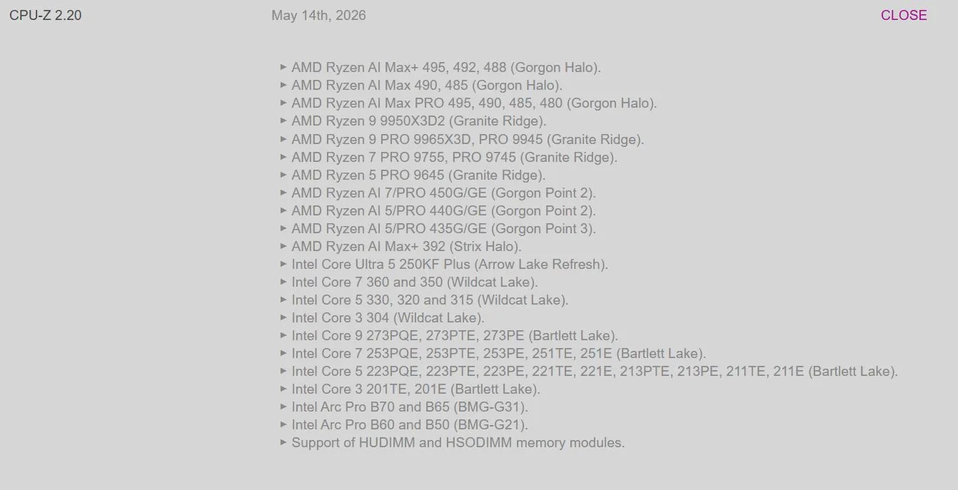 CPUID integriert AMD Gorgon Halo und Intel Wildcat Lake sowie Bartlett Lake in CPU-Z