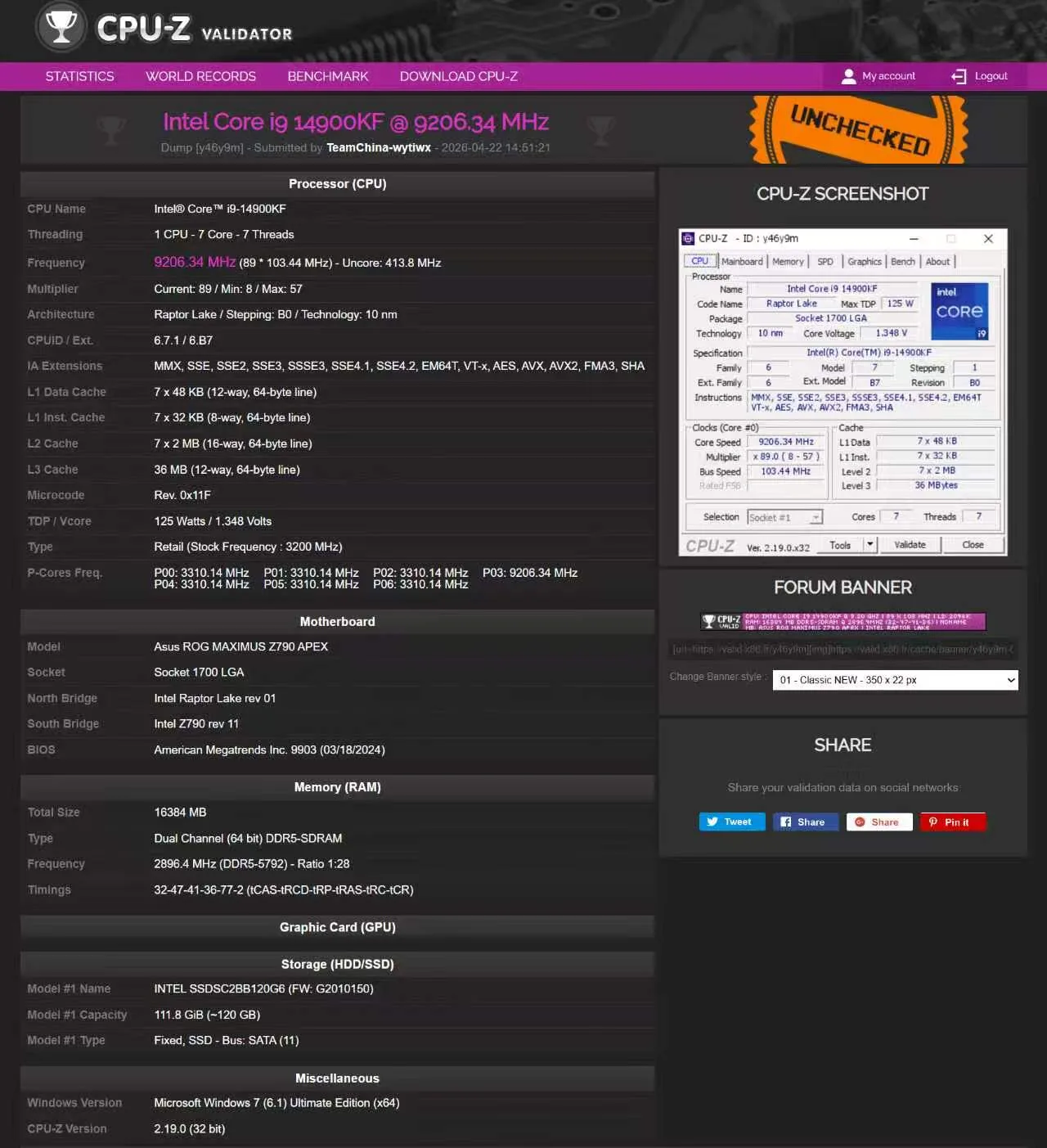 Chinesischer Übertaktungs-Weltrekord: Intel Core i9-14900KF erreicht 9206,34 MHz