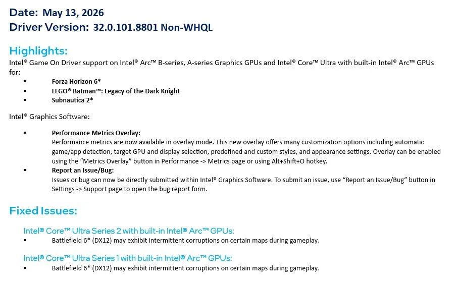 Intel Arc Treiber 8801 bringt Forza Horizon 6 für A- und B-Serie
