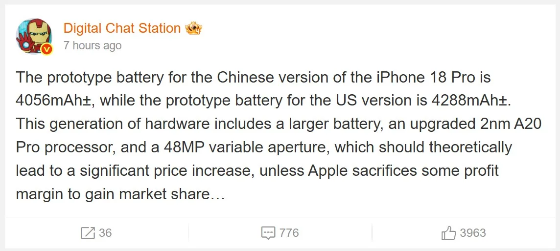 iPhone 18 Pro: Kleinerer Akku, doch längere Laufzeit durch weitere Verbesserungen