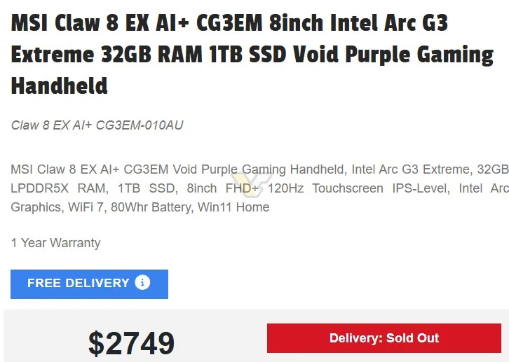 MSI Claw 8 EX AI+ mit Arc G3 Extreme erstmals in Australien: ab 1780 Dollar