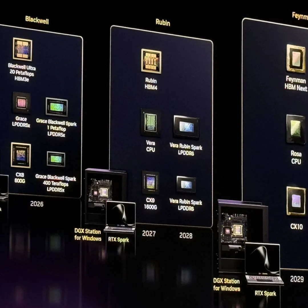 Nvidia präsentierte auf der Computex 2026 die DGX Spark-Roadmap für Laptops und PCs: Drei Generationen, darunter Rubin mit LPDDR6-Speicher und Rosa Feynman.