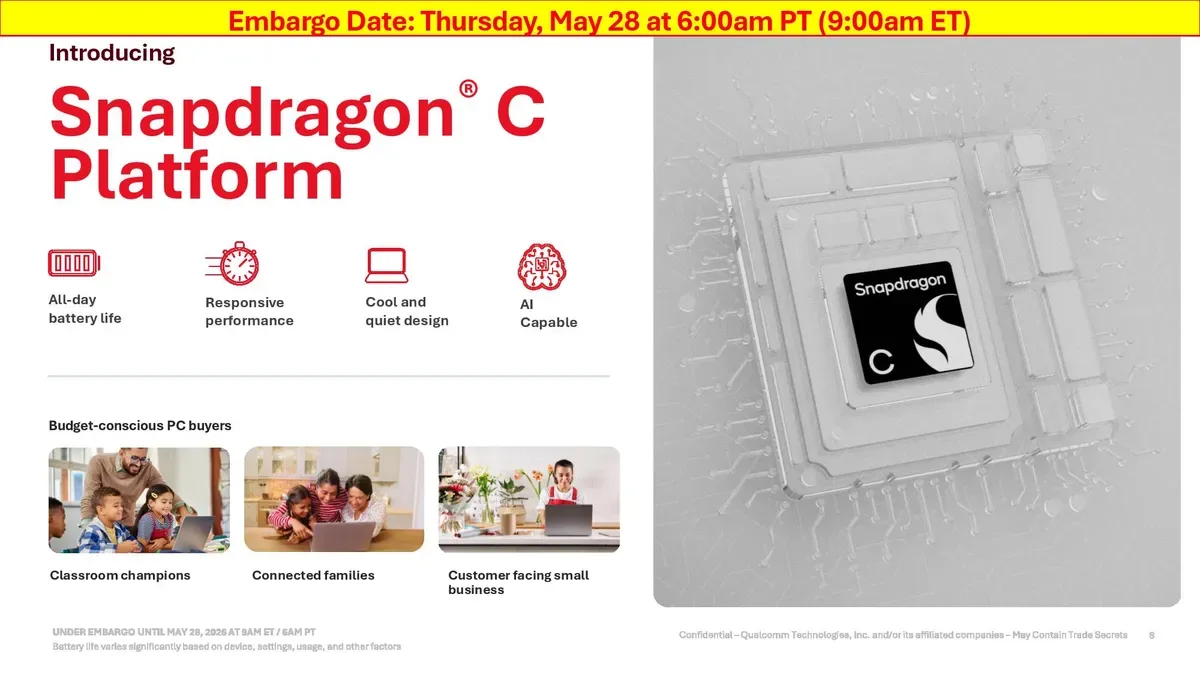 Qualcomm announces Snapdragon C Platform for $300 and up laptops — Windows on Arm and NPUs for the budget tier