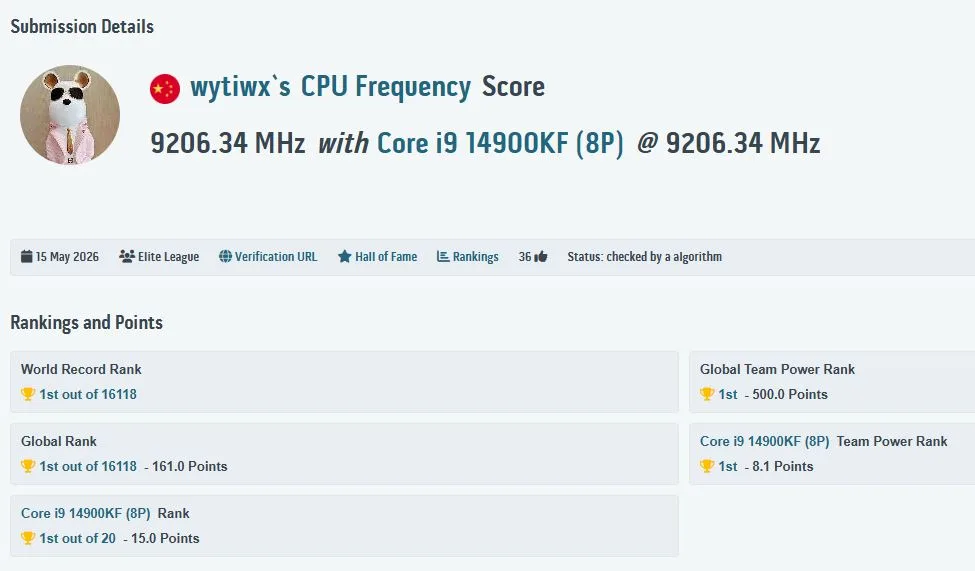 Chinesischer Übertaktungs-Weltrekord: Intel Core i9-14900KF erreicht 9206,34 MHz